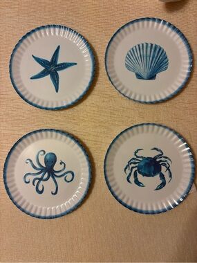 Sigrid Olsen White Melamine appetizer Plates with Blue coastal Sealife Designs